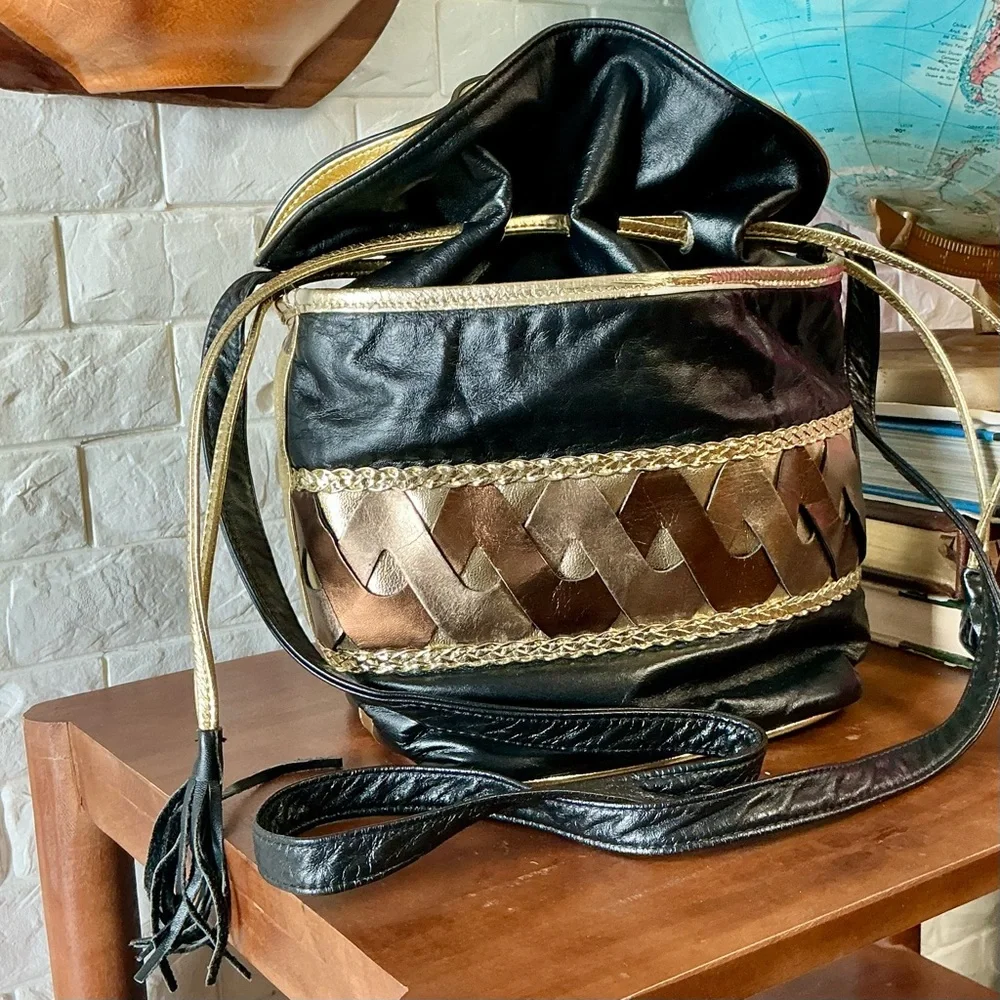 Vintage 1980s 90s Leather Drawstring Bucket Bag Woven Patchwork + Tassel Detail - Picture 3 of 13